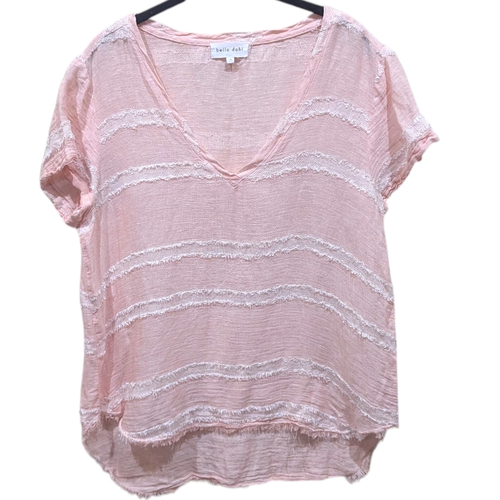 Bella Dahl Pink & White Accent Linen Blend Short Sleeve Top (L)